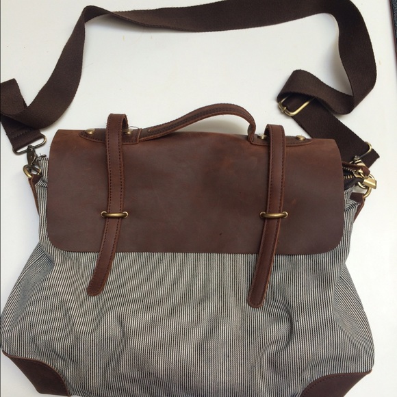 Striped cloth and leather shoulder bag