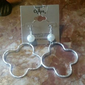 Pearl and Worn Silvertone Quatrefoil Earrings