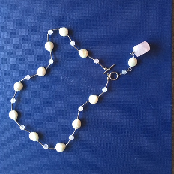 Luminous REAL frshwater pearl&rose quartz lariat.