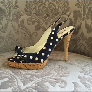 Navy Blue w white polka dots and cork look heel