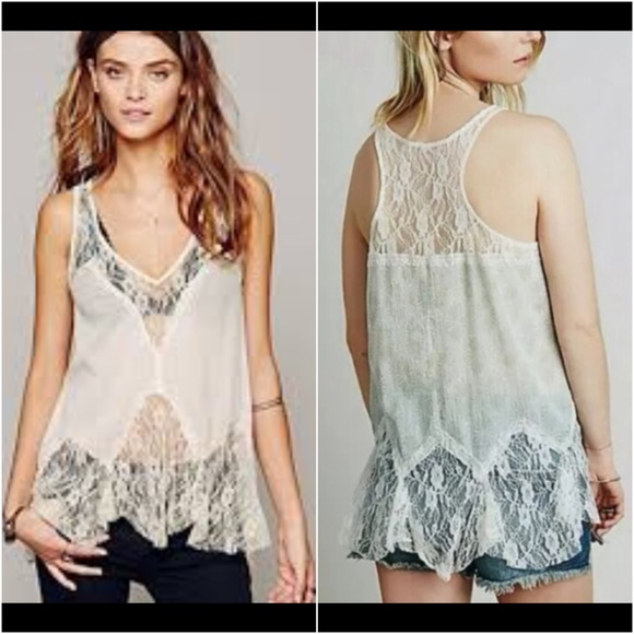 green & white lace inset Free People tank