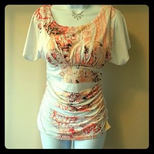 White & Orange, Floral print ruched blouse, small