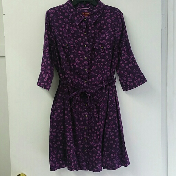 Purple flower button up dress with self tie belt.