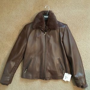 NWT Brown leather and real fur bomber jacket