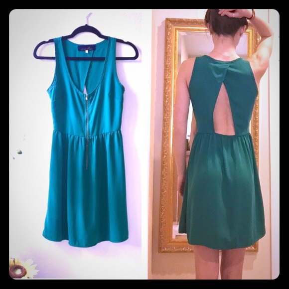Blue rain open back green dress