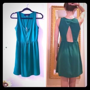 Blue rain open back green dress