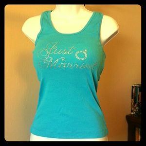 Just Married, blue tank top with rhinestones- sm