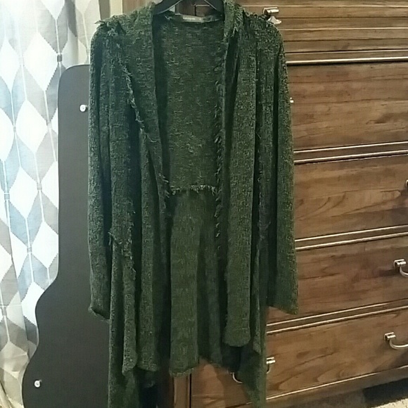 Open front Mid-calf length hooded cardigan