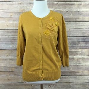 Mustard Cardigan with Bead and Floral Detail