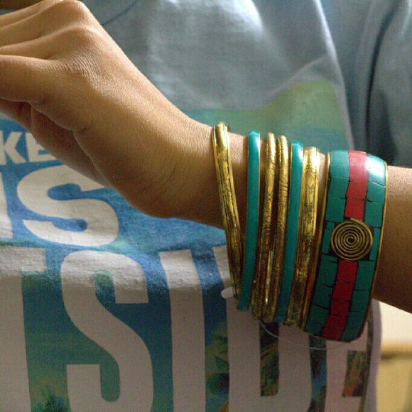 7 Teal & Gold bangles (NEW) - Picture 1 of 4