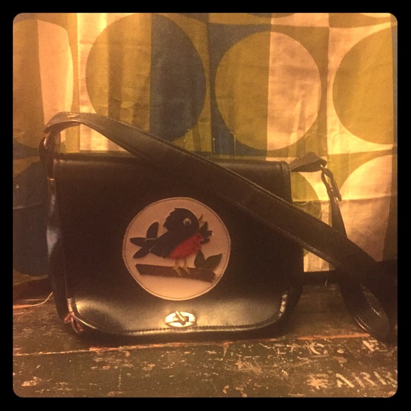 Vintage black patent blue bird purse shoulder bag