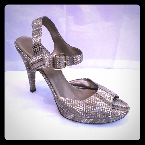 VANELI Snake Print Heels with Gold Hardware.