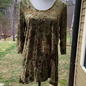 Hand-dyed burnout velvet tunic in olive green