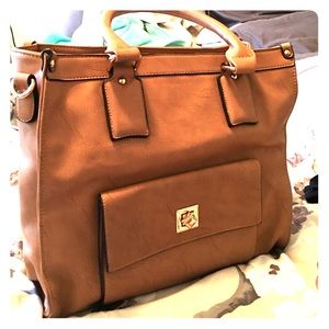 Camel Leather Purse with Shoulder Strap