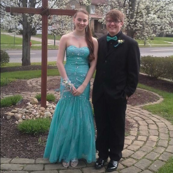 Aqua, mermaid style prom dress. Originally $249.00