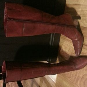 Knee high patchwork leather boots, size 8