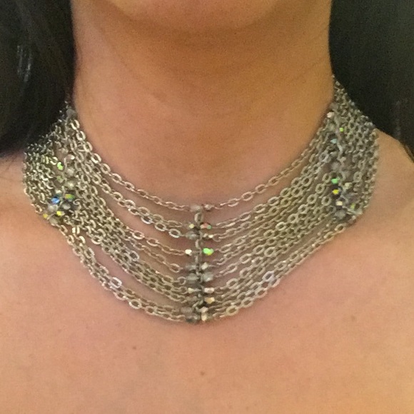 Gunmetal multi chain & crystal choker.