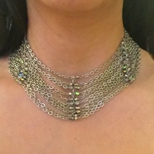 Gunmetal multi chain & crystal choker.