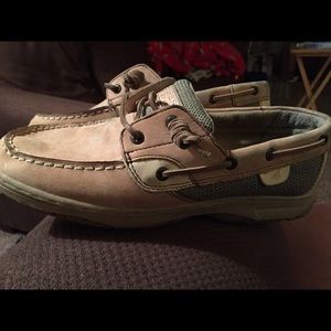 Sperry Top-siders.  Tan with brown insert.