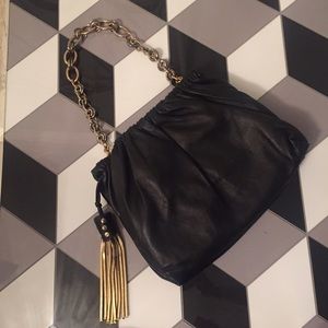 Henri Bendel black leather/chain hand bag.
