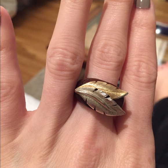 Wooden ring silver and gold feather unisex