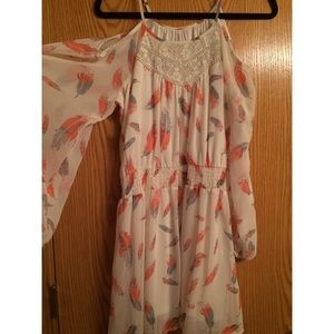 Cold shoulder, chiffon dress with feather print