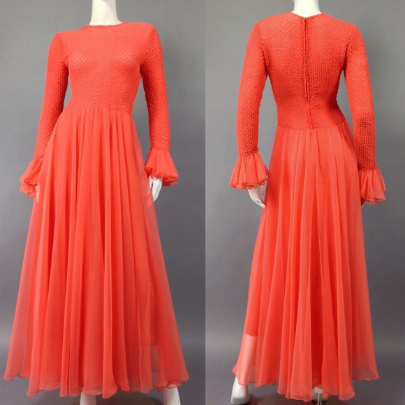 🚫SOLD🚫VINTAGE FORMAL DRESS | 70s Neon Coral Ball - Picture 2 of 4