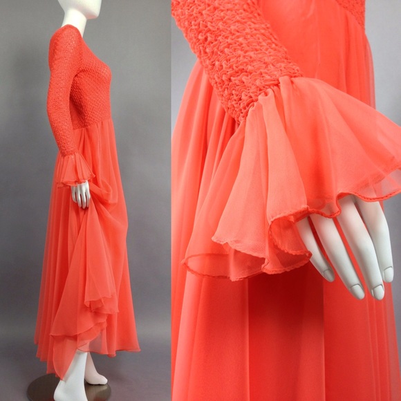 🚫SOLD🚫VINTAGE FORMAL DRESS | 70s Neon Coral Ball - Picture 3 of 4