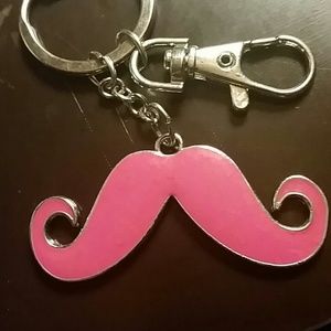 New - Pink Moustache Keychain w/ Silver Metal Key