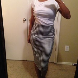 Houndstooth High Waist Midi Pencil Skirt
