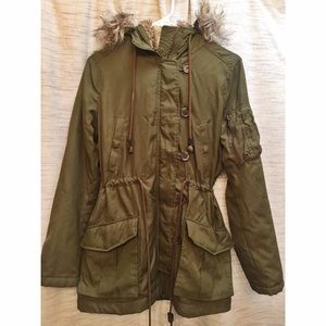 Army Green Jacket with Faux Fur Hood