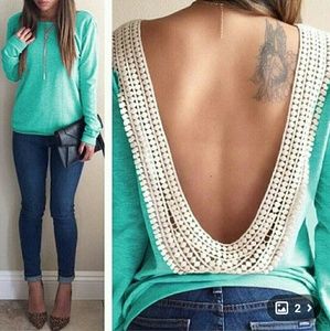 🌟 backless lace trim blouse
