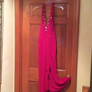 Fuschia beaded halter dress.