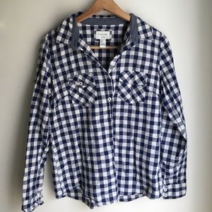 Forever 21 Navy Blue & White Plaid Collared Shirt