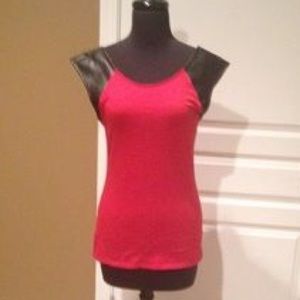 Express red tee with faux leather sleeves