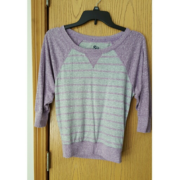 3/4 sleeve purple and gray striped top