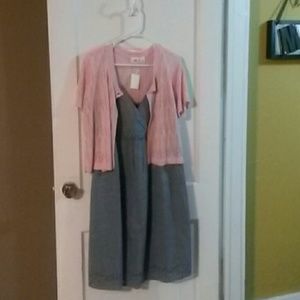Chambray dress with pink shrug.