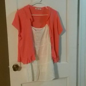 Coral colored flutter shrug & cream tiered cami