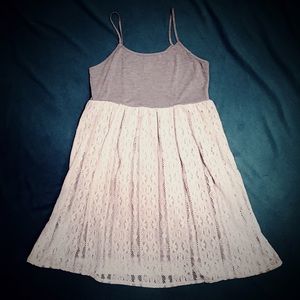 Spaghetti strap grey dress, empirewaist lace skirt