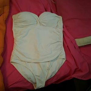 Strapless white swim suit