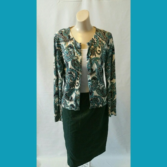 Blue, Brown, Cream, Navy Paisley Cardigan Sz M