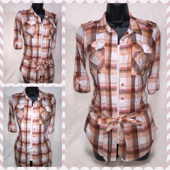 Like new soft plaid shirt with belt/bow