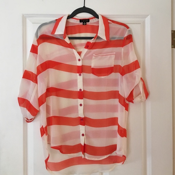 Sheer cream & orange striped button down shirt