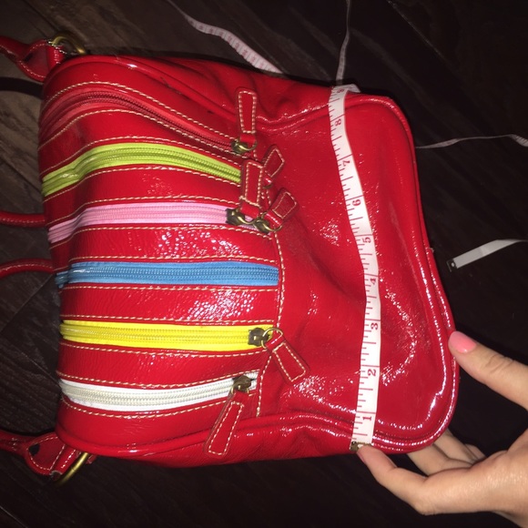 Large Red Leather Handbag Colorful Zippers - Picture 2 of 4