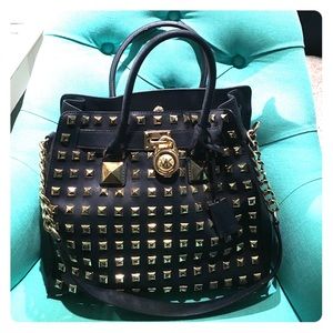 Navy blue gold studded Michael Kors bag