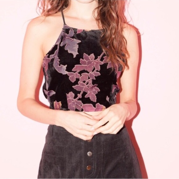 Floral Velvet Lace Up Back Crop Top - Picture 2 of 4