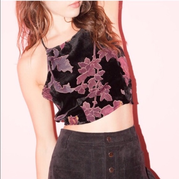 Floral Velvet Lace Up Back Crop Top - Picture 3 of 4