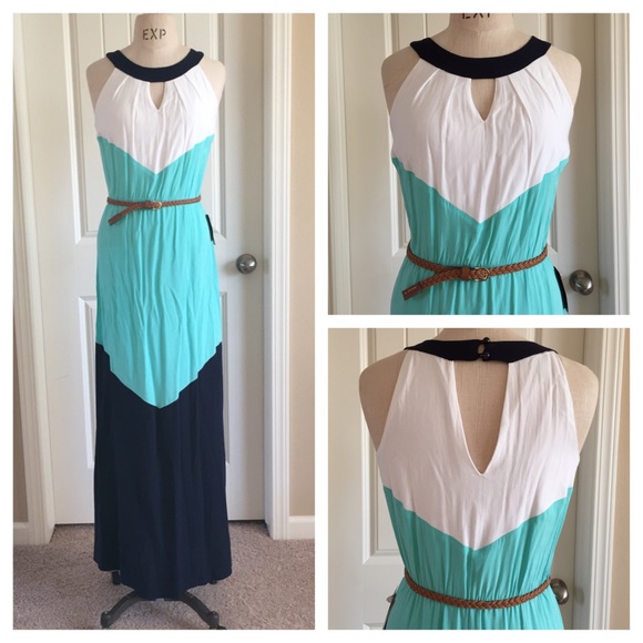 I.N. San Francisco Dresses & Skirts - Blue Teal White Halter Color Block Maxi Dress