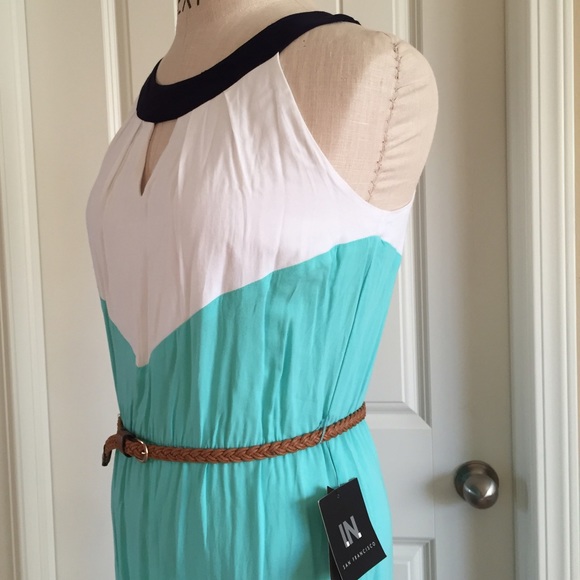 Blue Teal White Halter Color Block Maxi Dress - Picture 2 of 4