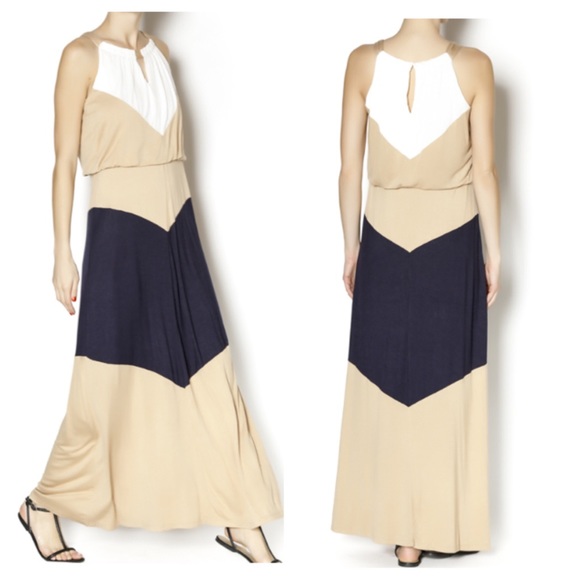 Blue Teal White Halter Color Block Maxi Dress - Picture 4 of 4